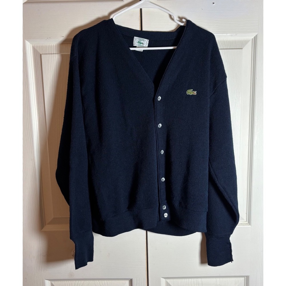 Vintage Izod Lacoste Cardigan Sweater Navy Blue Acrylic Knit Large USA Made